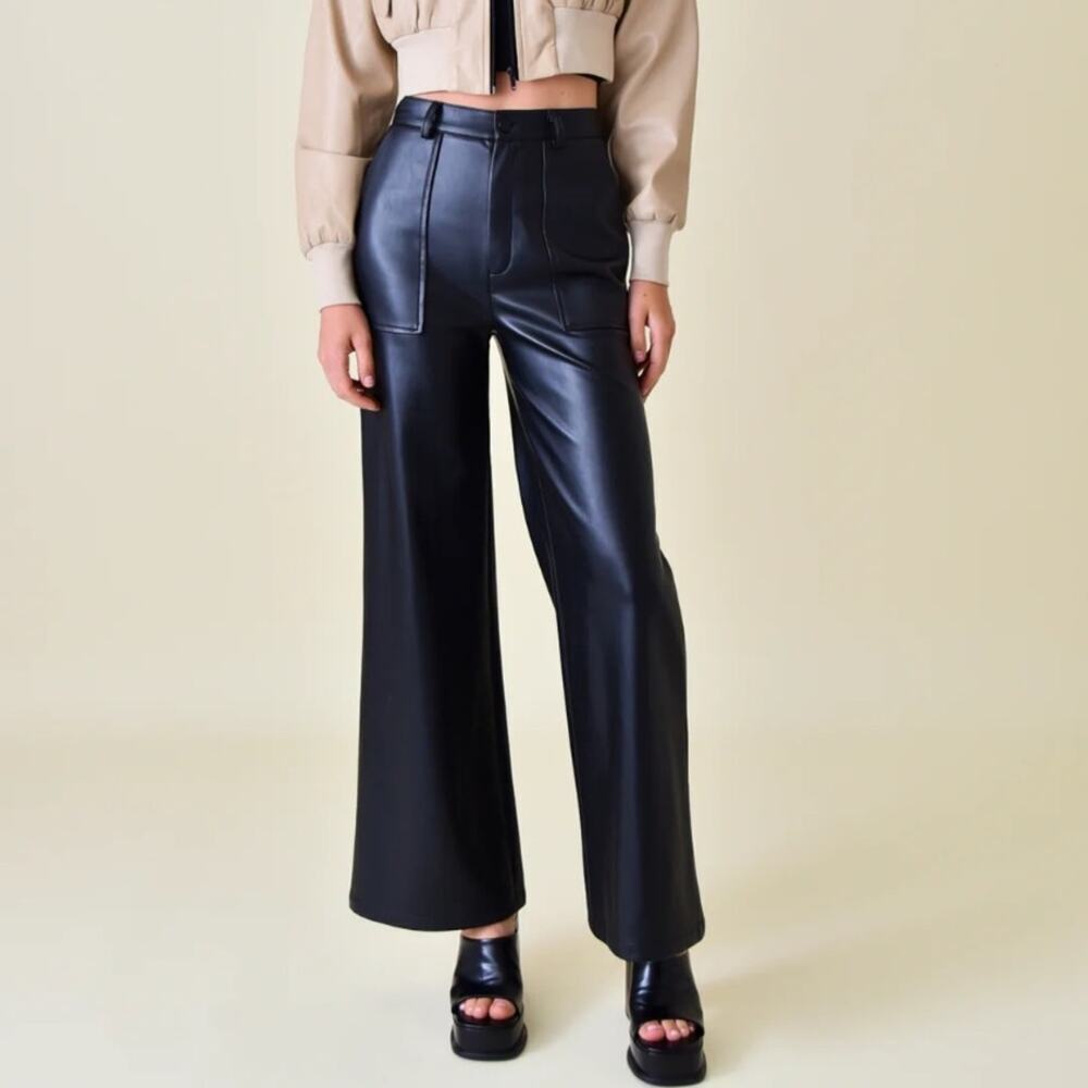 FORE Vegan Leather Wide Leg Carpenter Pants Black Size S